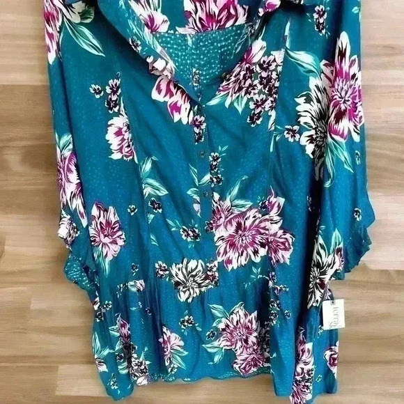 Terra Sky Women’s Plus Teal Floral Peplum Button Up Top Comfy 1X (16W-18W) - Picture 4 of 8